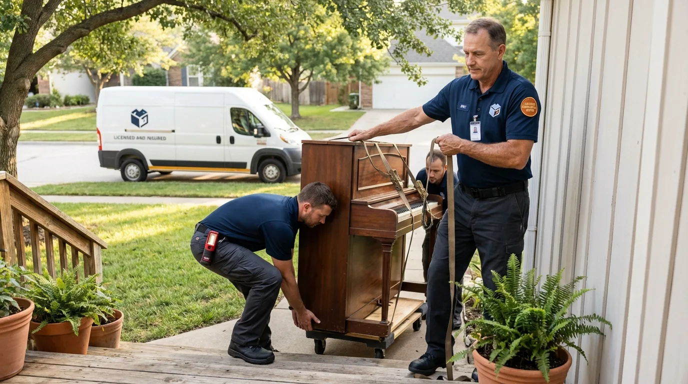 Licensed piano movers securing grand piano in Sheffield, MA