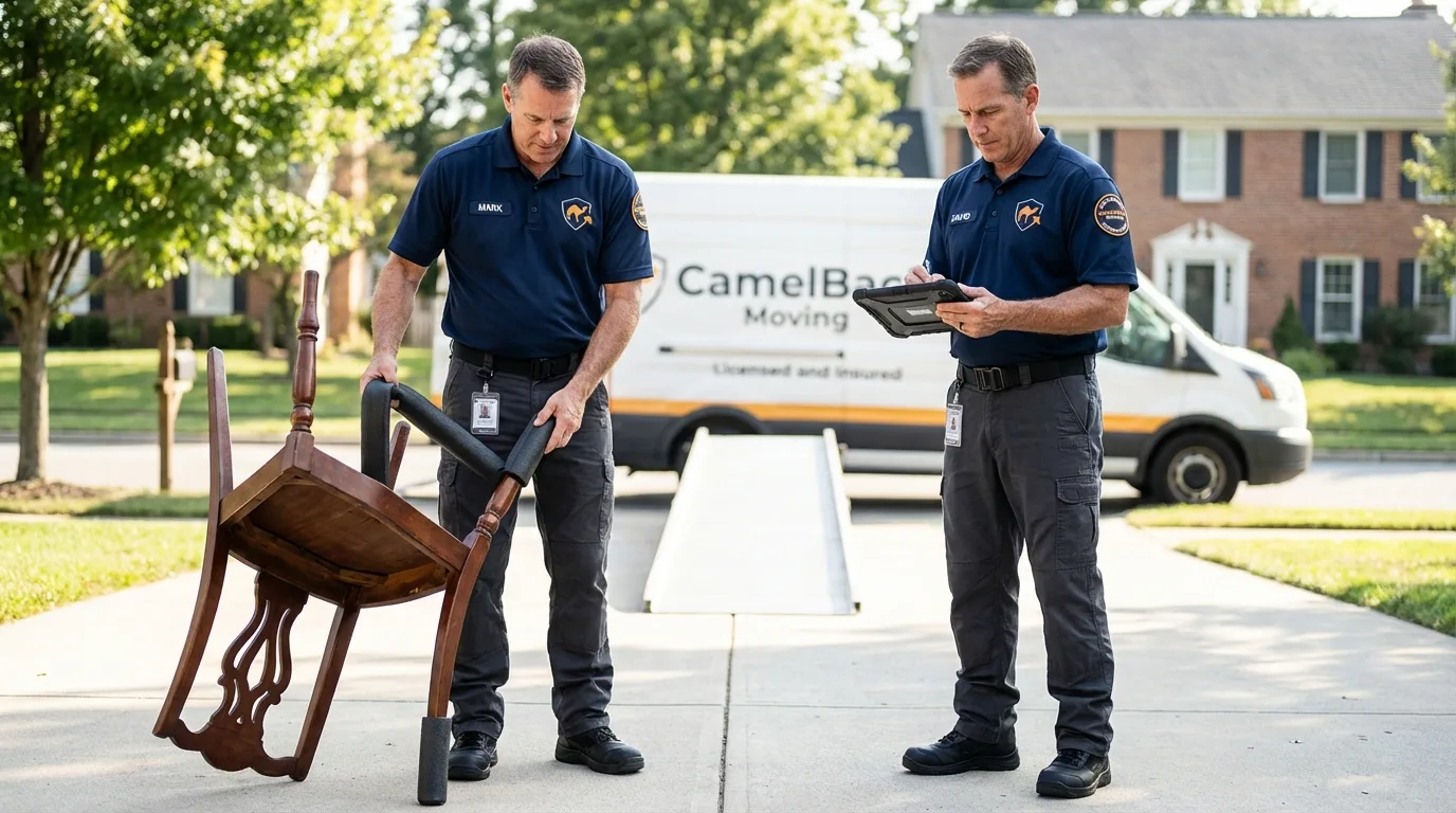 Movers inspecting furniture for damage prevention before loading in Sheffield, MA